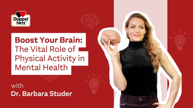 Imagen que presenta a una mujer sosteniendo un modelo de cerebro. Ella está vestida con una camisa negra y tiene el cabello suelto. El texto destaca la importancia de la actividad física en la salud mental, con énfasis en el rol de la doctora Barbara Studer.