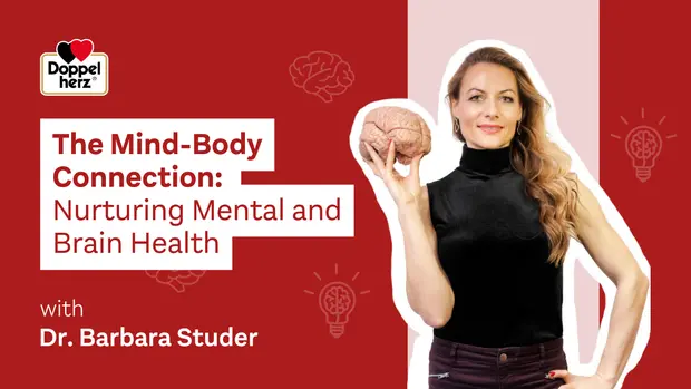 Imagen que muestra a una mujer sosteniendo un cerebro artificial. El texto destaca la conexión entre la mente y el cuerpo, enfatizando la importancia de cuidar la salud mental y cerebral. Se presenta como parte de un evento con la doctora Barbara Studer.