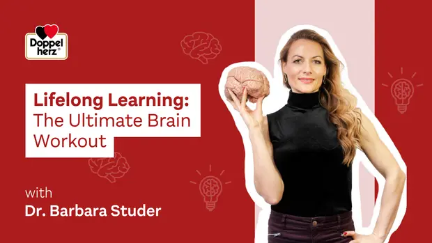 Imagen que presenta a una mujer sosteniendo un cerebro artificial, simbolizando el aprendizaje continuo. Al fondo, ilustraciones de cerebros y bombillas. El texto destaca "Aprendizaje continuo: el entrenamiento cerebral definitivo" con el nombre de la Dra. Barbara Studer.