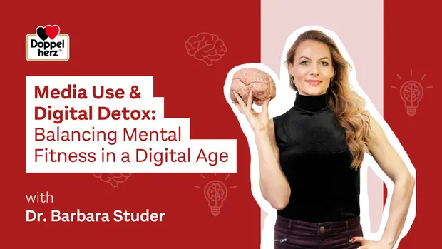 Imagen promocional de un evento titulado "Uso de medios y desintoxicación digital", que aborda el equilibrio de la salud mental en la era digital. Se presenta a la Dra. Barbara Studer sosteniendo un modelo de cerebro, simbolizando la conexión entre los medios y el bienestar mental.