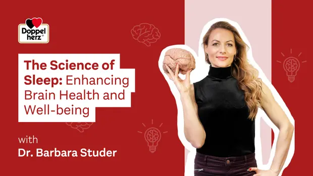 Imagen que presenta a una mujer sosteniendo un modelo de cerebro y sonriendo. El texto destaca el tema "La Ciencia del Sueño: Mejorando la Salud Cerebral y el Bienestar", junto con el nombre de Dr. Barbara Studer. Fondo en colores contrastantes con luces de ideas.