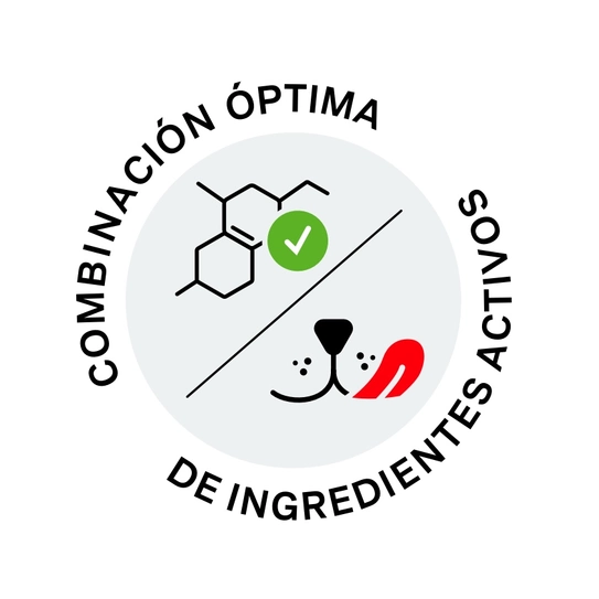 Icono que representa una combinación óptima de ingredientes activos. En un lado, un esquema molecular con un símbolo de aprobación verde, y en el otro, la cara de un perro, mostrando una expresión amigable. El texto resalta la calidad de la mezcla.